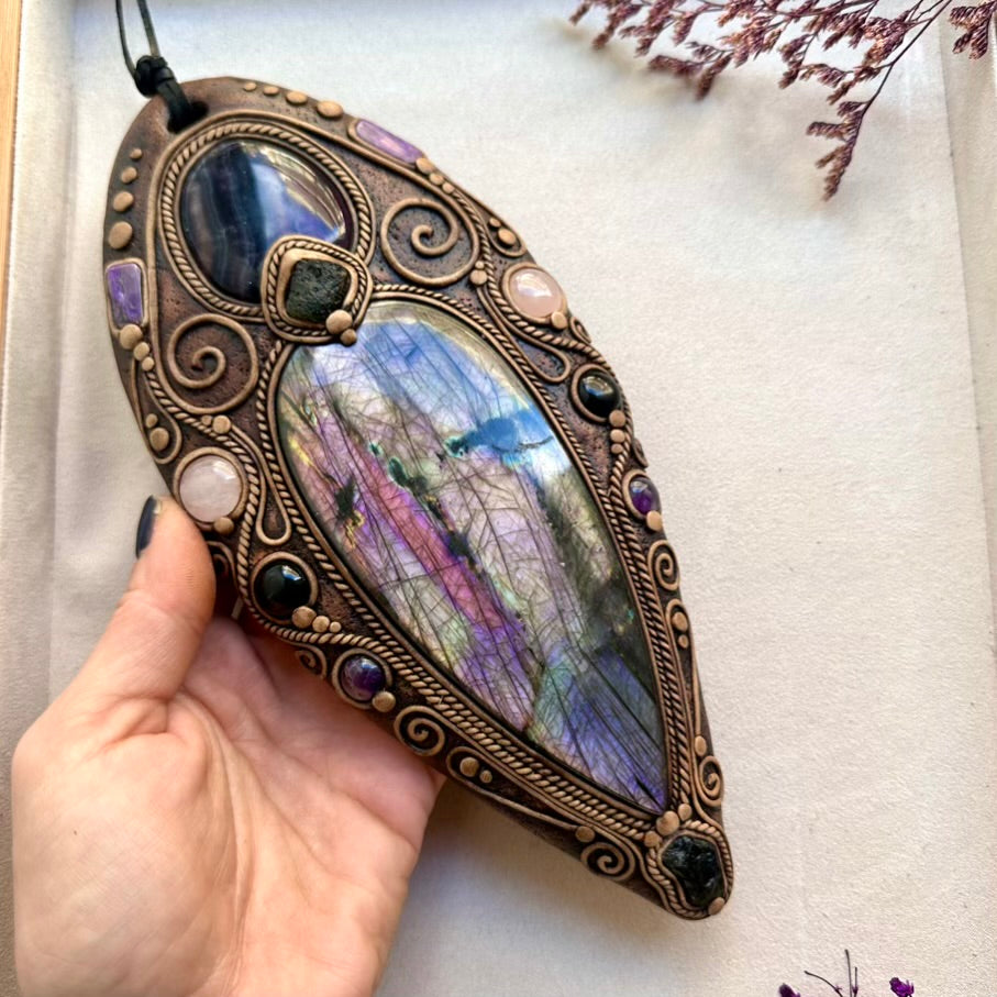Healing crystal wall decor featuring Labradorite and Amethyst