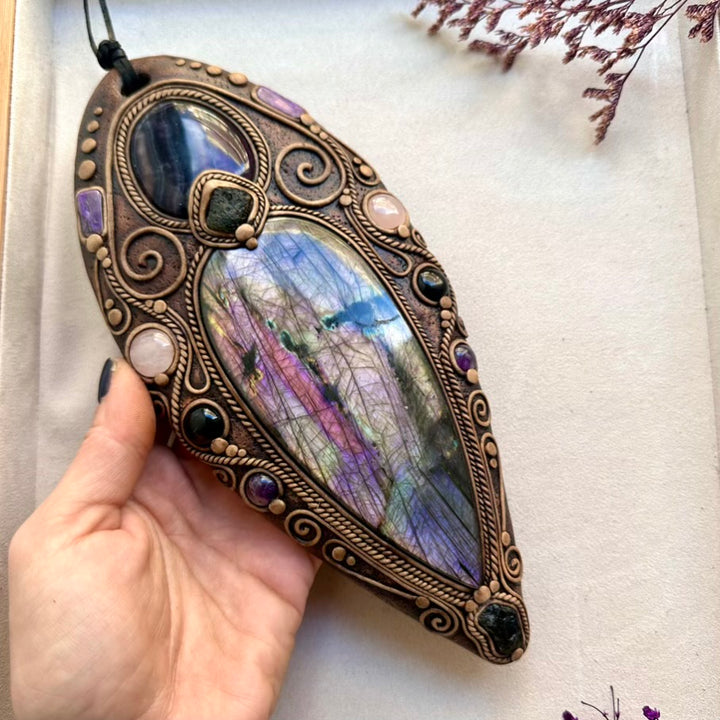 Healing crystal wall decor featuring Labradorite and Amethyst