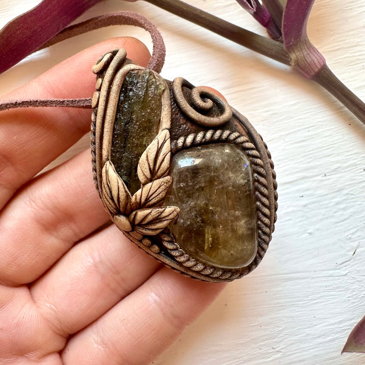 Moldavite and Citrine Pendant Necklace - FairyGardenGlow