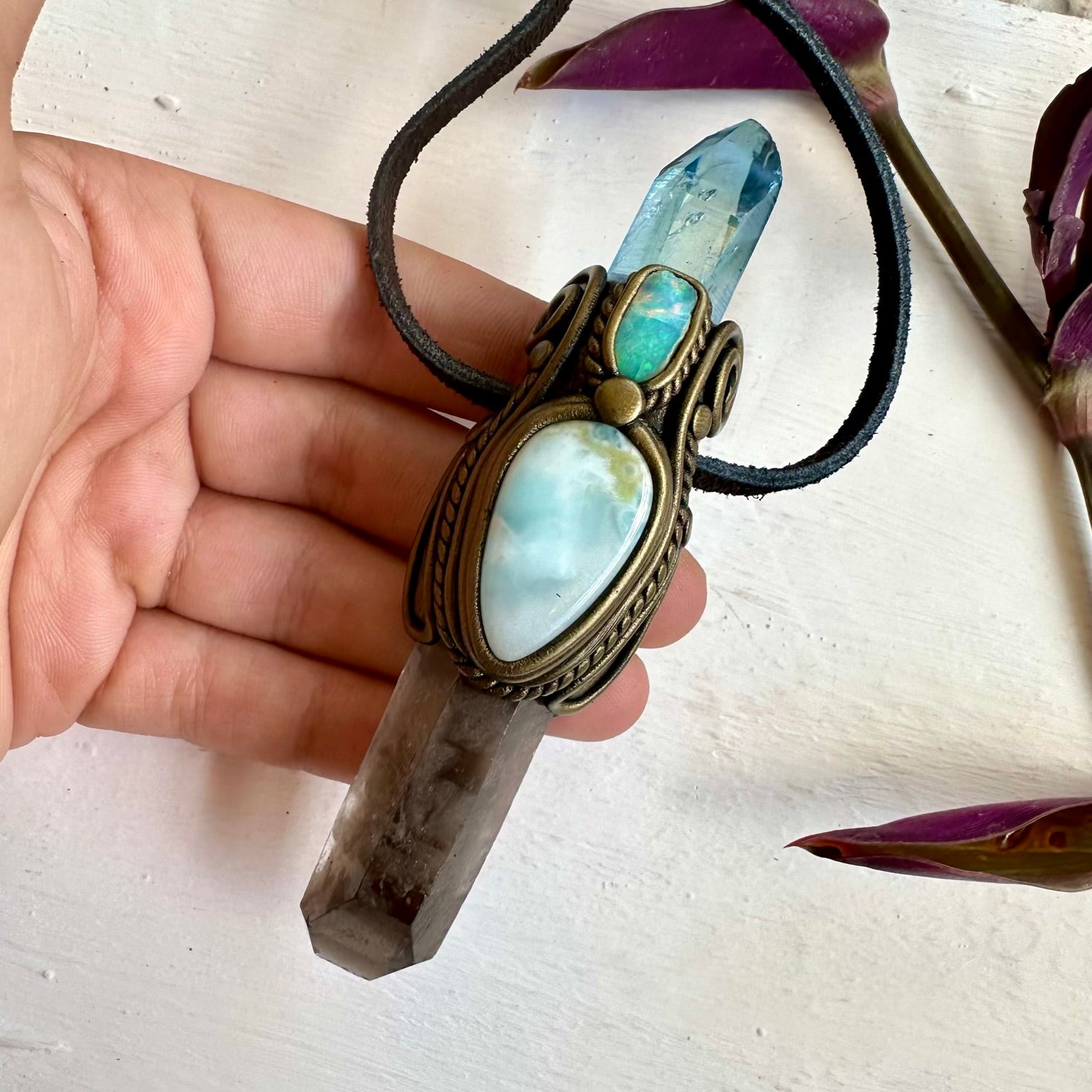 Smoky Quartz Aqua Aura Quartz Larimar and Raw Ethiopian Opal Wand / Necklace - FairyGardenGlow