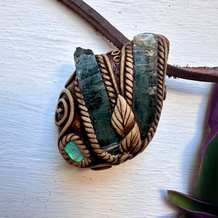 Vivianite and Australian Opal Pendant Necklace - FairyGardenGlow