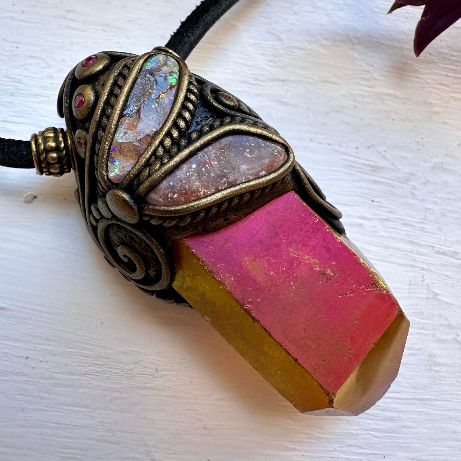 Sunset Aura Quartz Sunstone Boulder Opal and Ruby Wand / Necklace - FairyGardenGlow