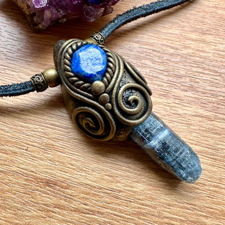 Blue Kyanite and Lapis Lazuli Pendant Necklace, Unisex Handmade Crystal Jewelry - FairyGardenGlow