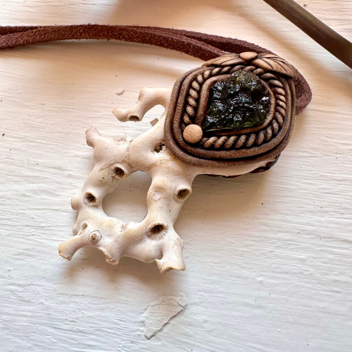 White Coral and Moldavite Pendant Necklace - FairyGardenGlow