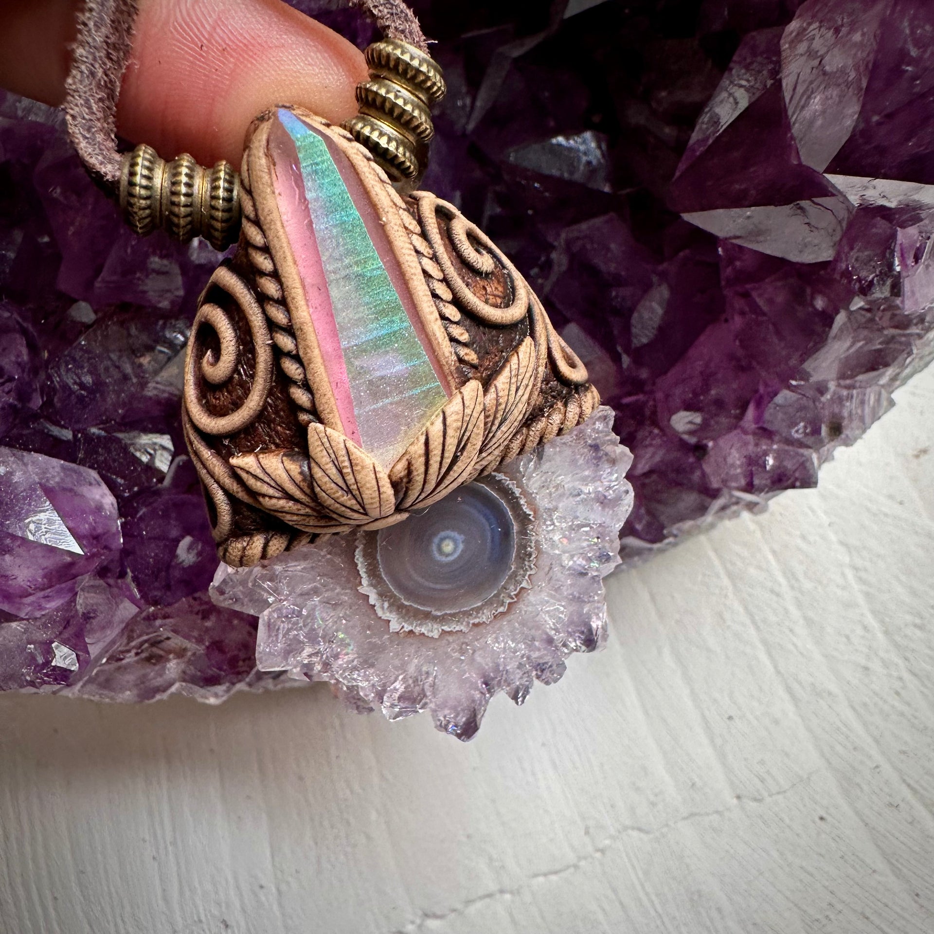 Amethyst Stalactite and Angel Aura Quartz Necklace