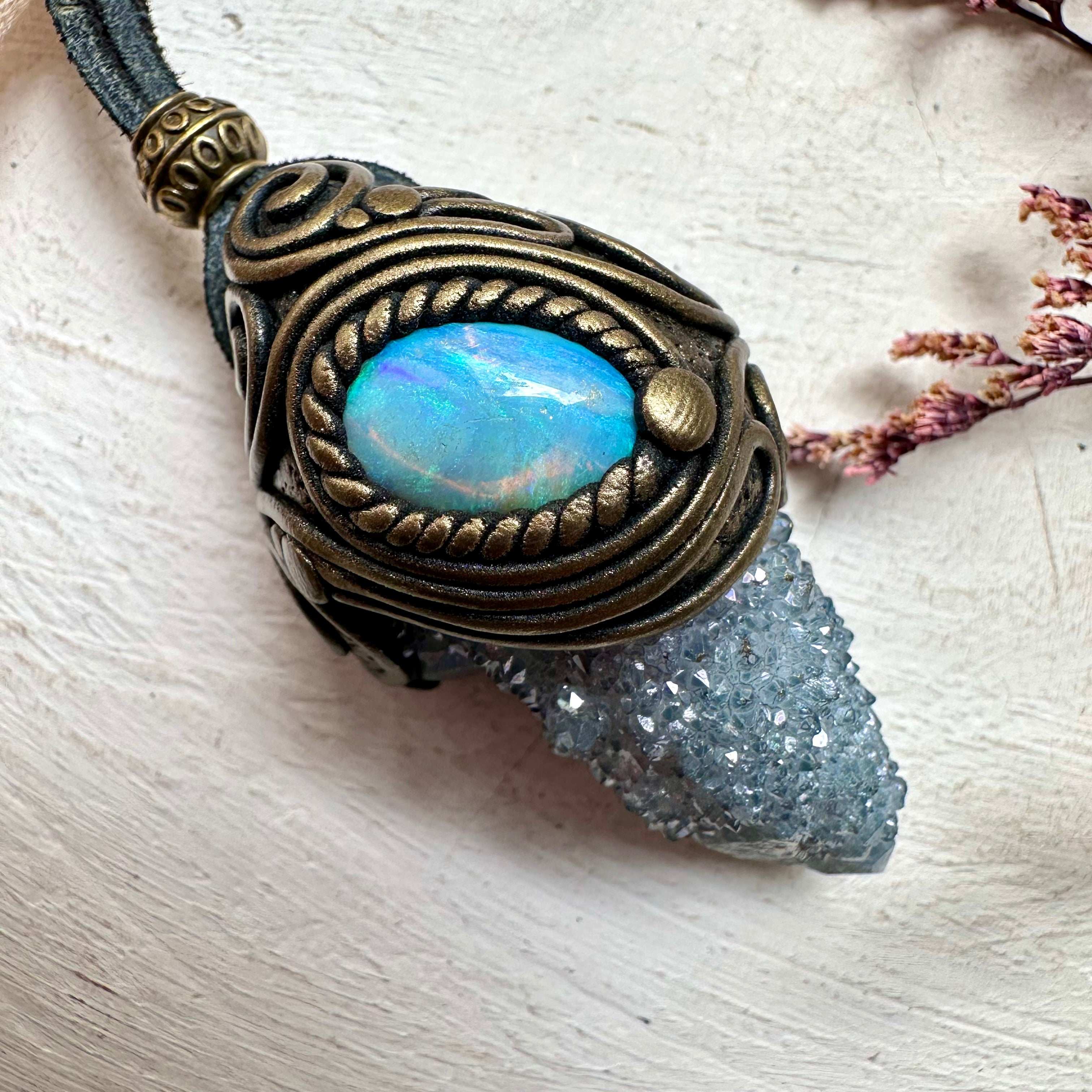 Aqua Aura Spirit Quartz and Australian Opal Necklace - FairyGardenGlow