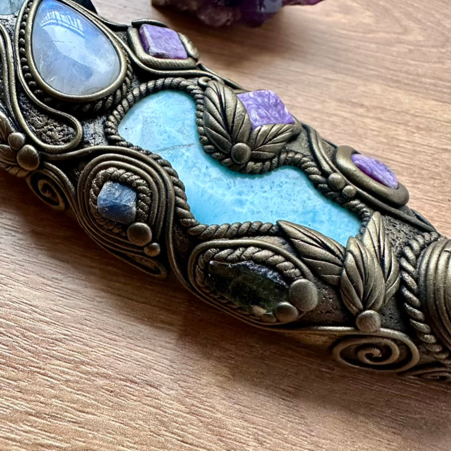 Larimar, Aqua Aura Quartz, Charoite, Rainbow Moonstone, Blue Sapphire and Moldavite Goddess Healing Crystal Talisman / Unique Handmade Wand-Pendant - FairyGardenGlow