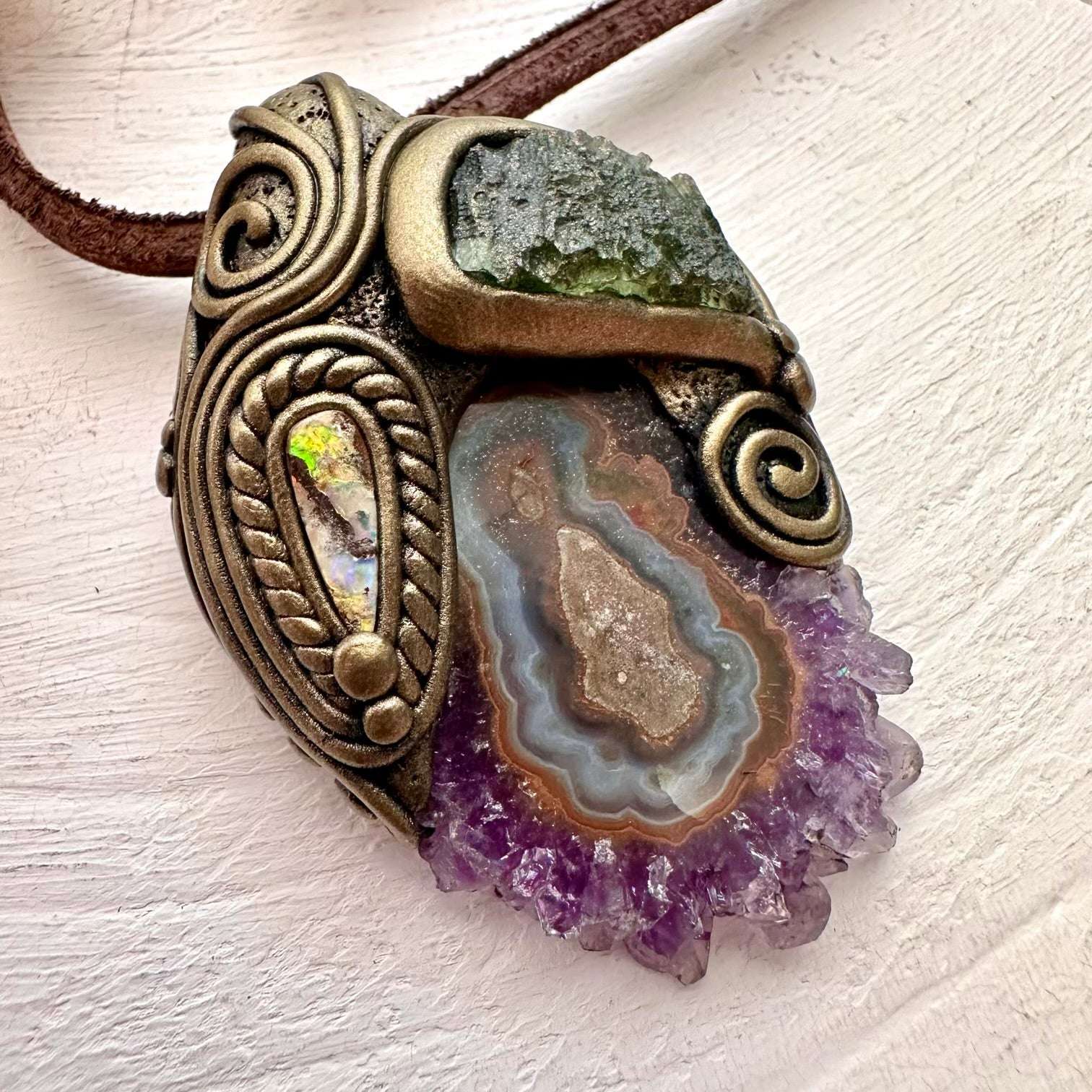 Amethyst Stalactite Moldavite and Boulder Opal Pendant, Handmade Crystal Necklace - FairyGardenGlow