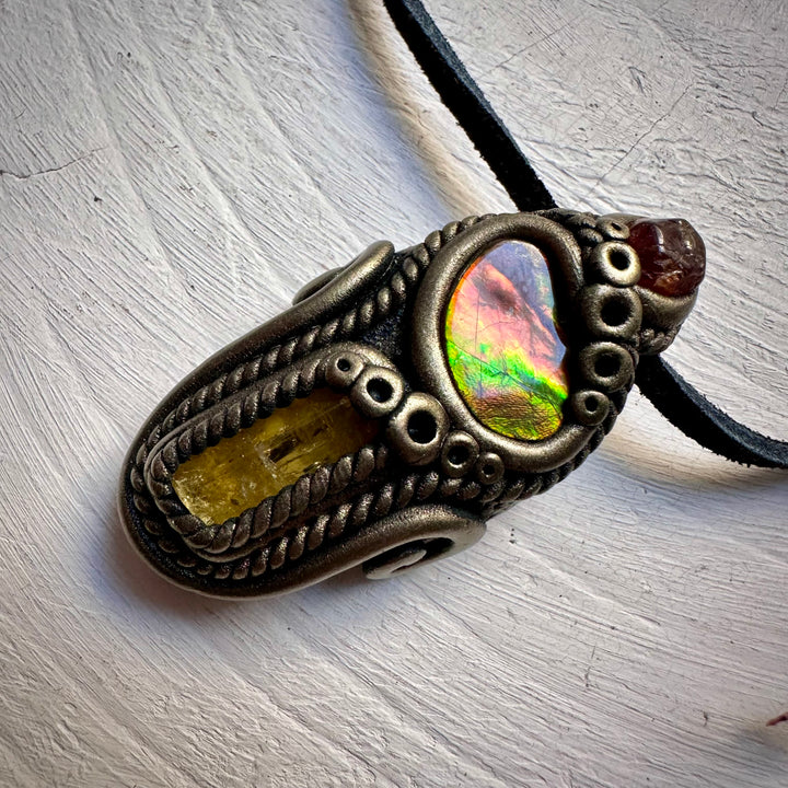Ammolite Heliodor and Hessonite Garnet Necklace - FairyGardenGlow