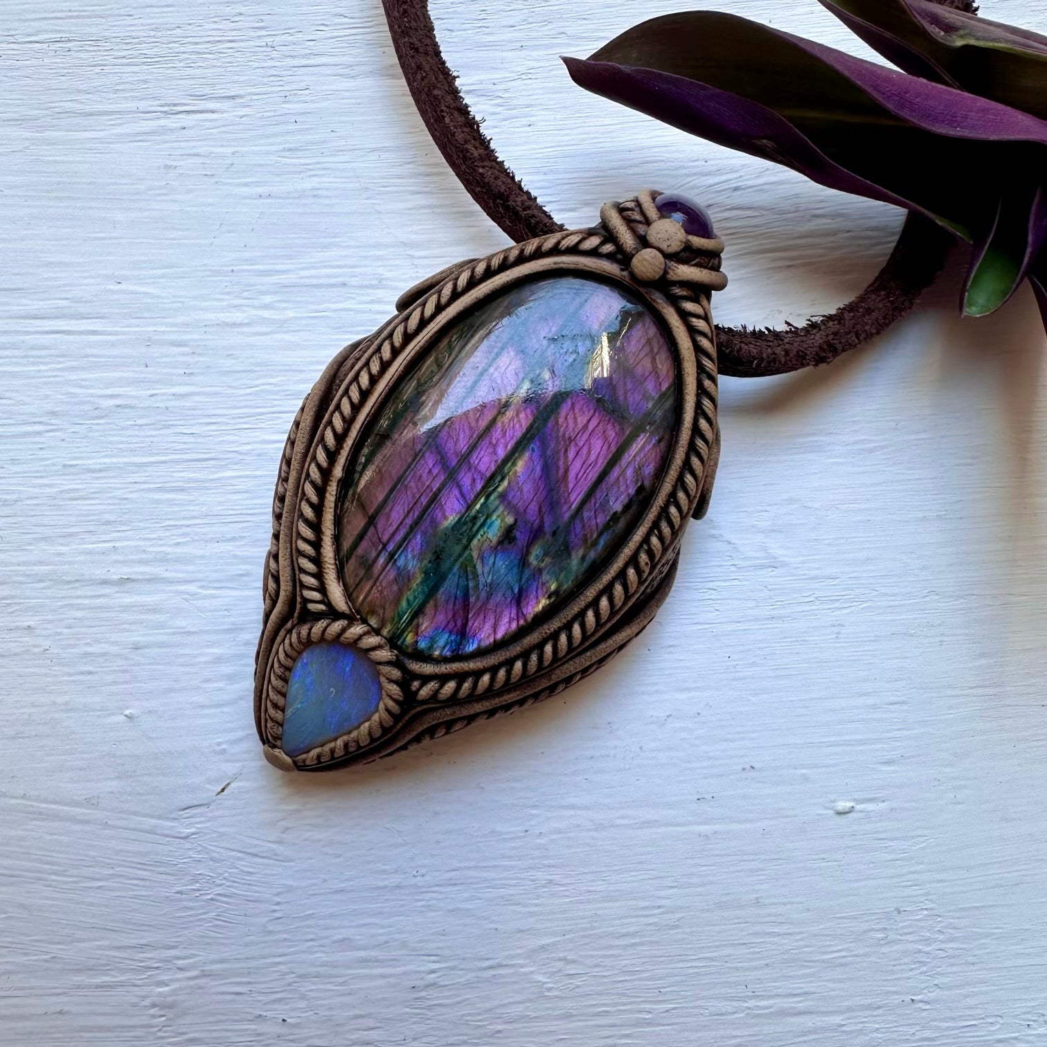 Purple Labradorite Amethyst and Australian Opal Necklace - FairyGardenGlow