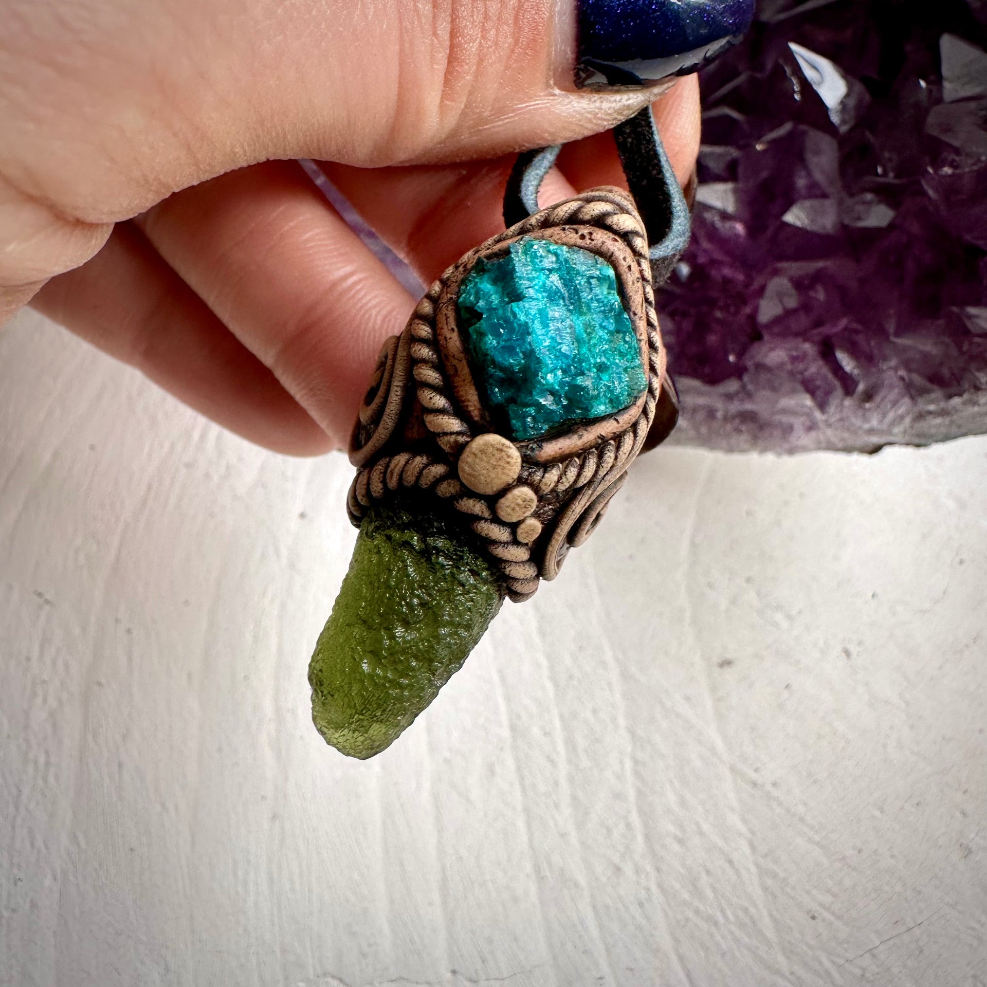 Moldavite and Raw Chrysocolla Necklace - FairyGardenGlow