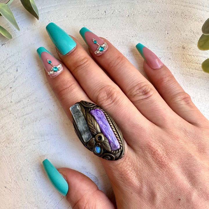 Aquamarine charoite and opal healing crystal ring