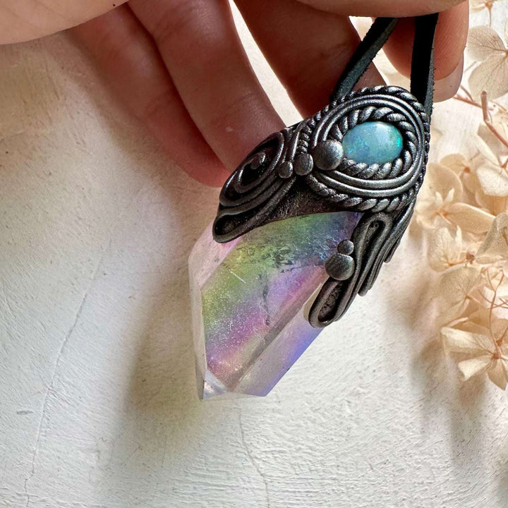 Angel Aura Quartz and Australian Opal Necklace - FairyGardenGlow