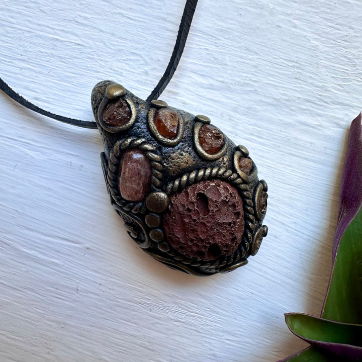 Lava Stone Sunstone and Hessonite Garnet Necklace - FairyGardenGlow