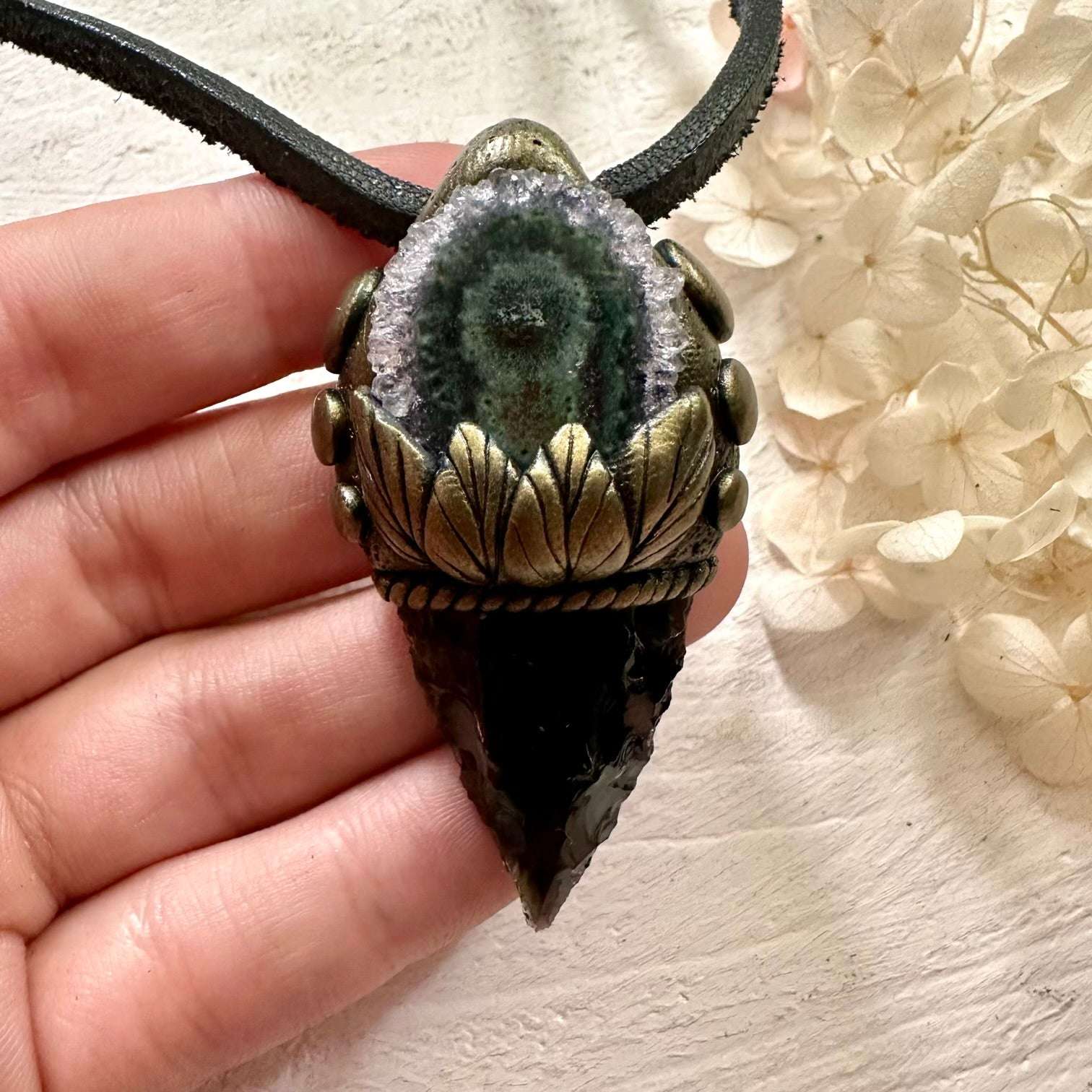 Black Obsidian Arrowhead and Amethyst Stalactite Necklace - FairyGardenGlow