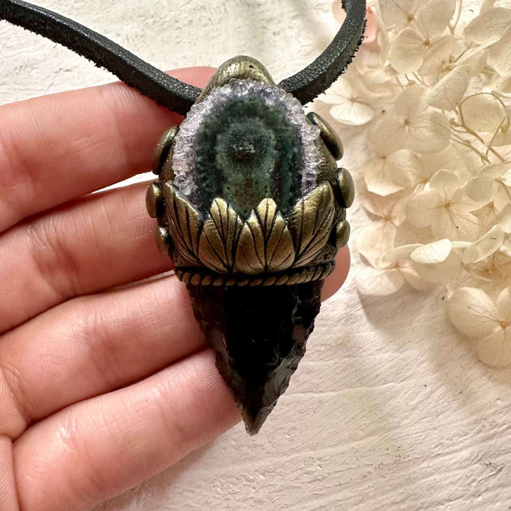 Black Obsidian Arrowhead and Amethyst Stalactite Necklace - FairyGardenGlow