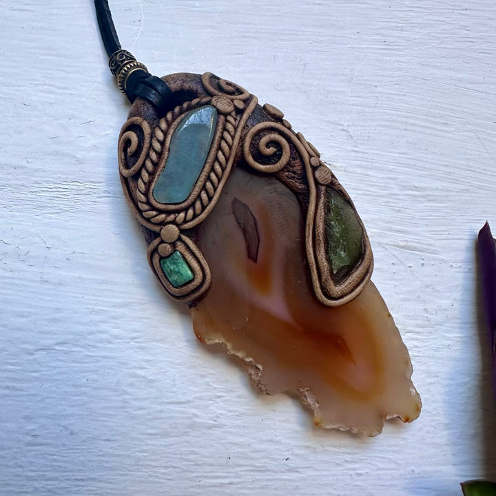Agate Aquamarine Moldavite and Tibetan Turquoise Pendant Necklace - FairyGardenGlow