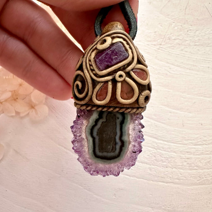 Amethyst Stalactite Ruby and Pink Tourmaline Handmade Crystal Necklace - FairyGardenGlow