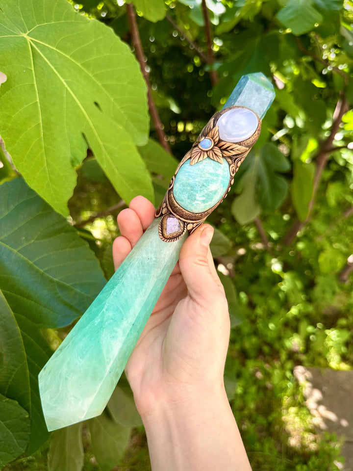 Crystal Wand - Green Fluorite, Aqua Aura Quartz, Amazonite, Blue Chalcedony, Tanzanite and Australian Opal Doublet - FairyGardenGlow