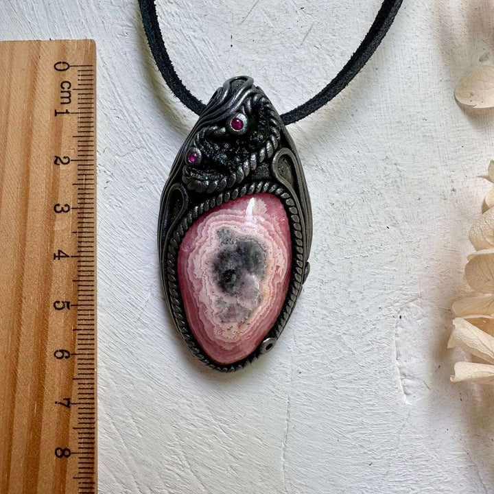 Rhodochrosite Moldavite and Ruby Clay Crystal Necklace - FairyGardenGlow