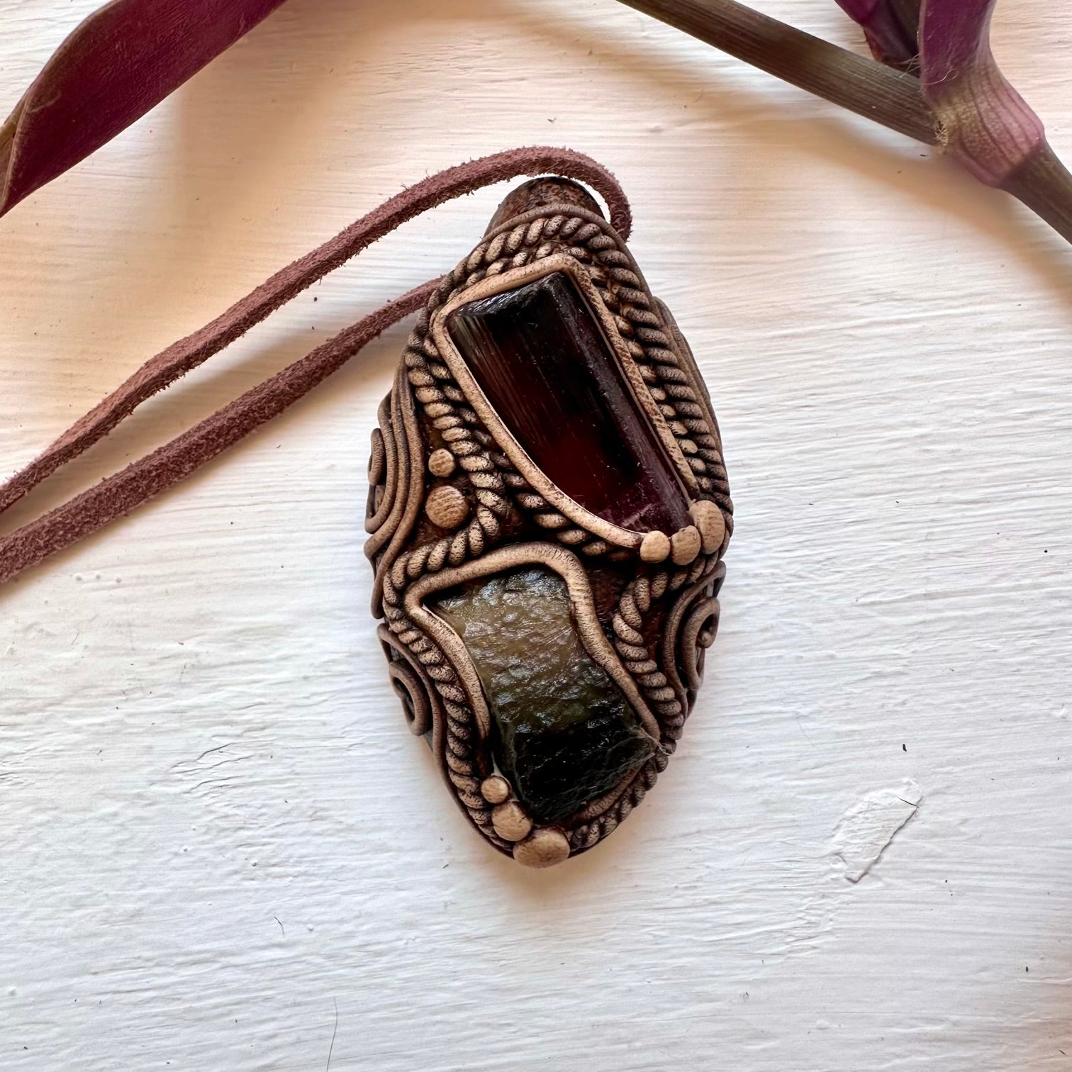 Rubellite Tourmaline and Moldavite Pendant Necklace - FairyGardenGlow