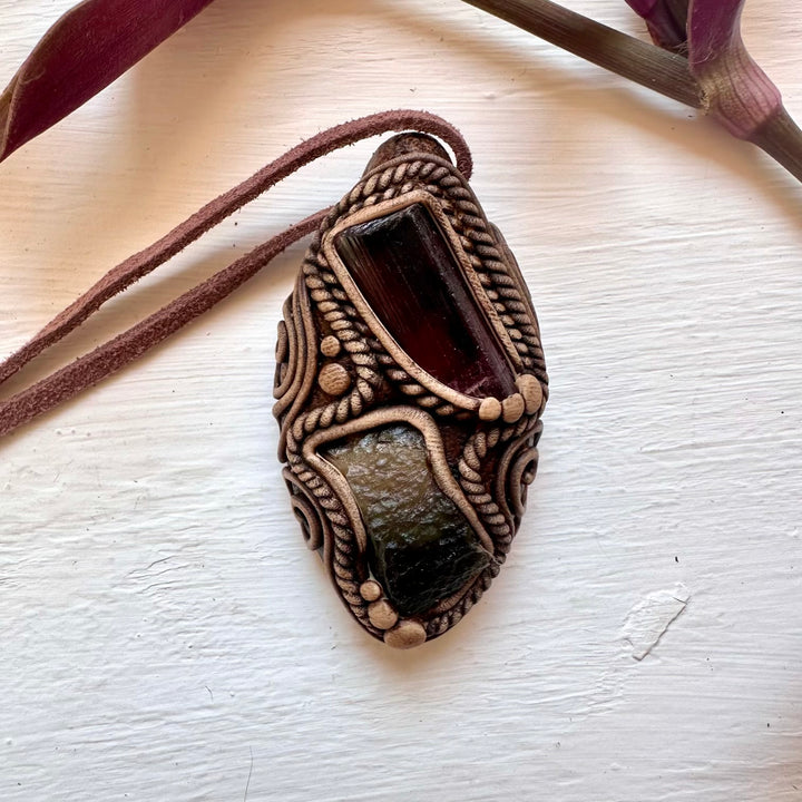 Rubellite Tourmaline and Moldavite Pendant Necklace - FairyGardenGlow