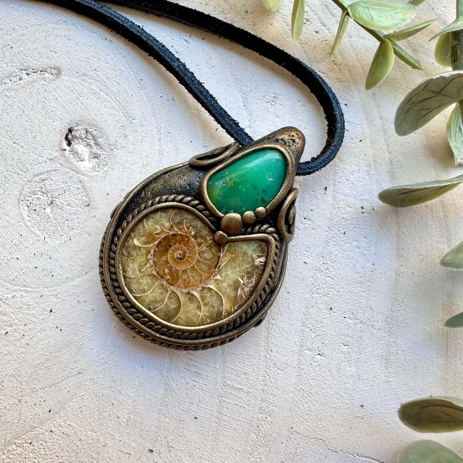 Ammonite and Chrysoprase Necklace, Protection Unisex Jewelry