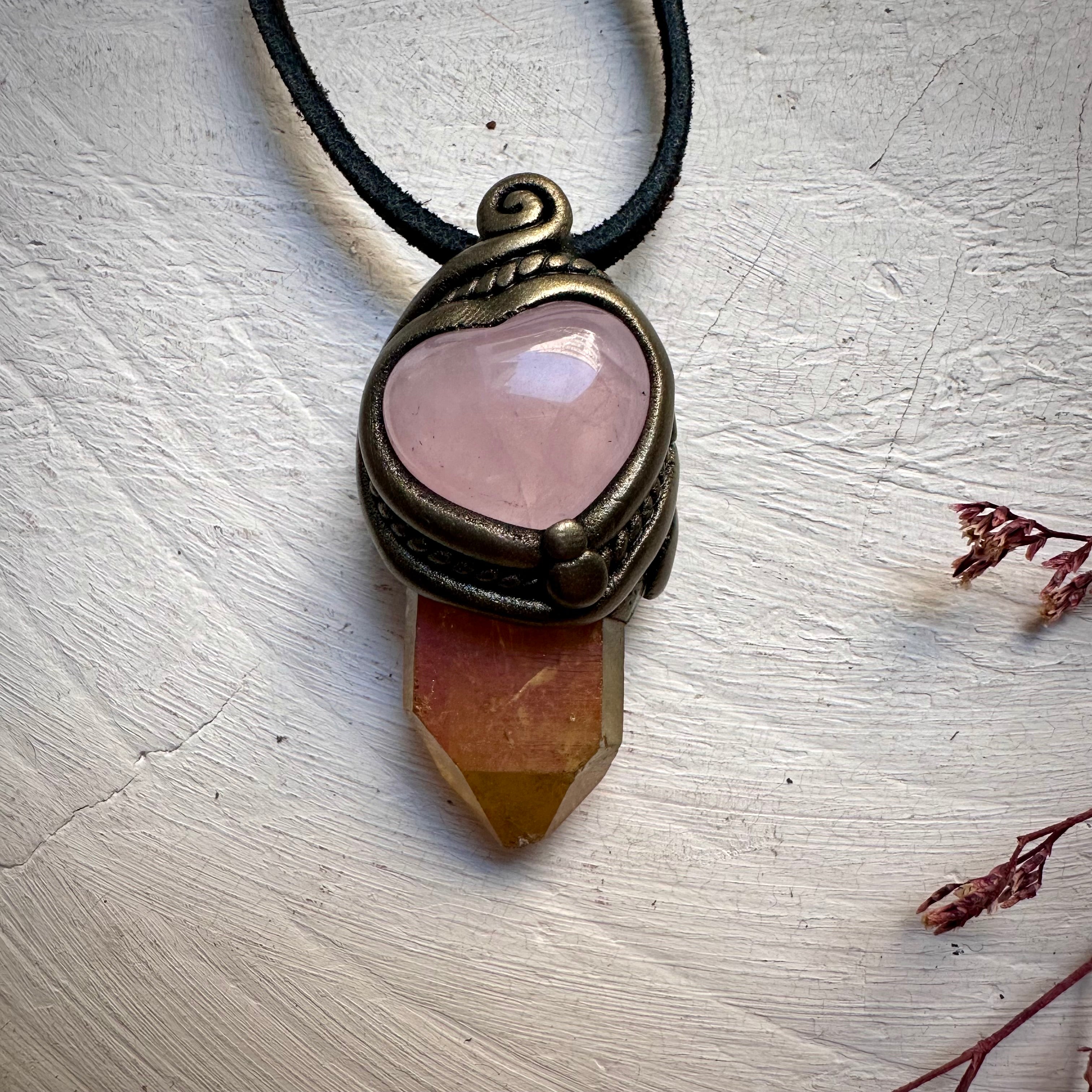 Sunset Aura Quartz and Rose Quartz Heart Necklace - FairyGardenGlow