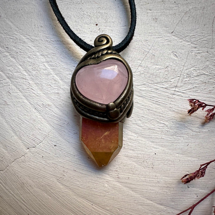 Sunset Aura Quartz and Rose Quartz Heart Necklace - FairyGardenGlow