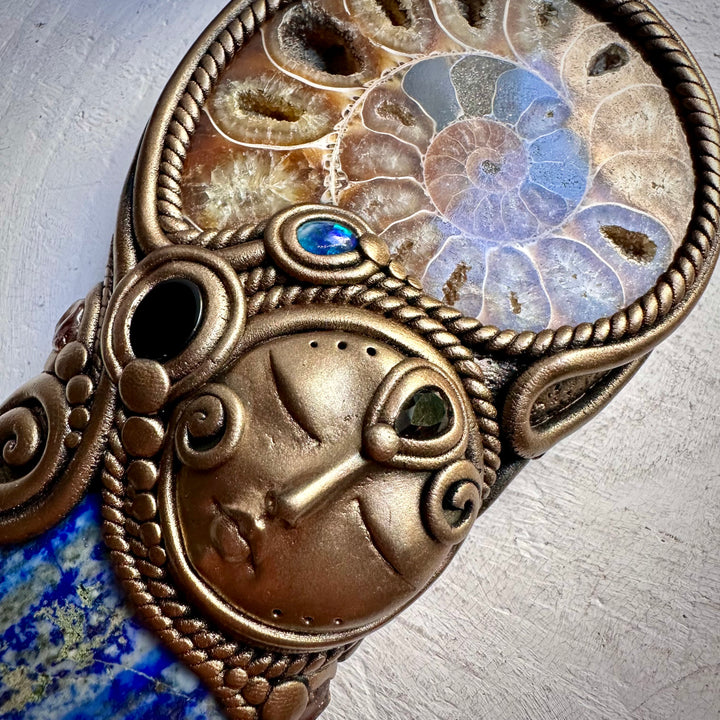 Lapis Lazuli Ammonite Smoky Quartz Black Onyx and Australian Black Opal Goddess Wand - FairyGardenGlow