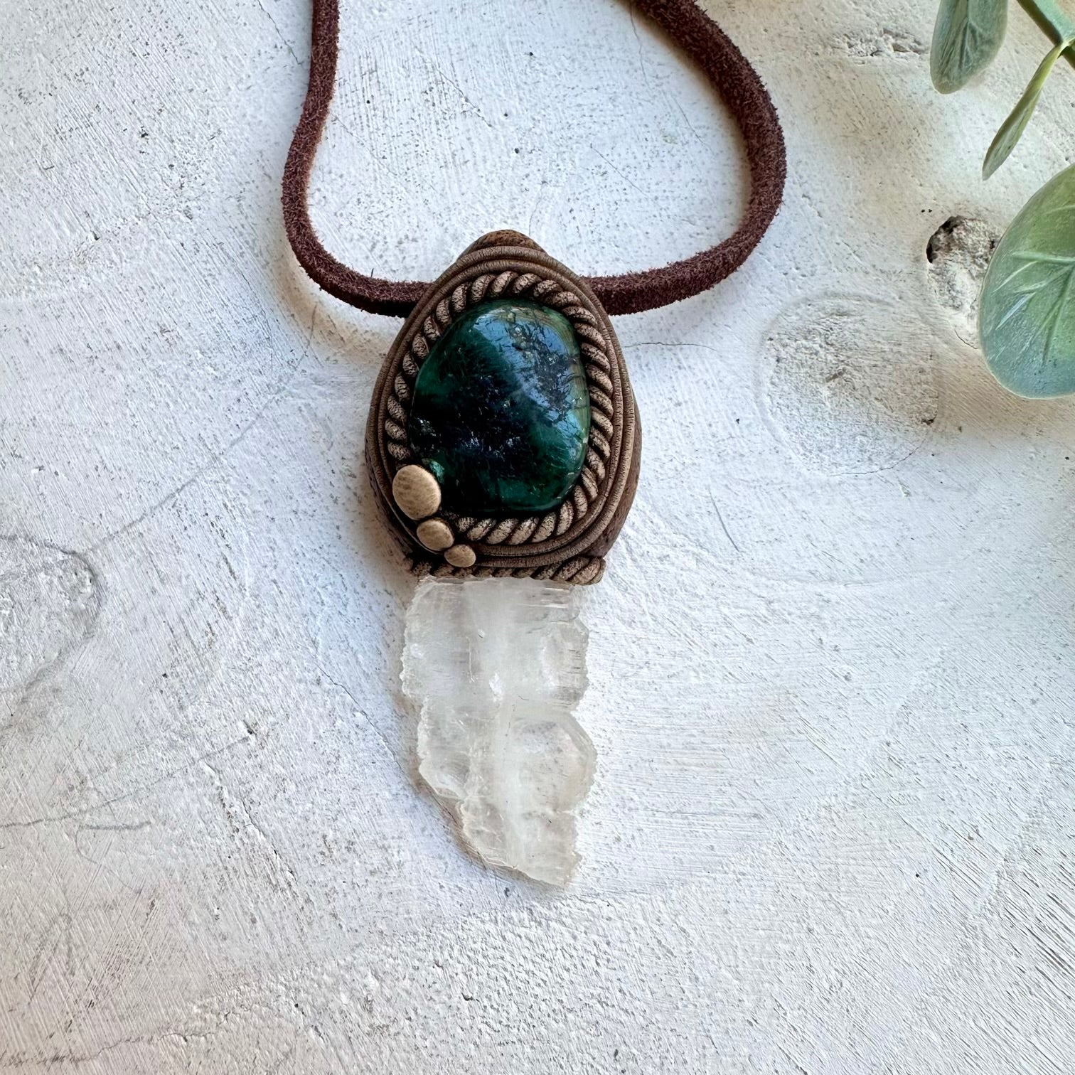 Faden Quartz and Emerald Necklace, Unisex Crystal Jewelry