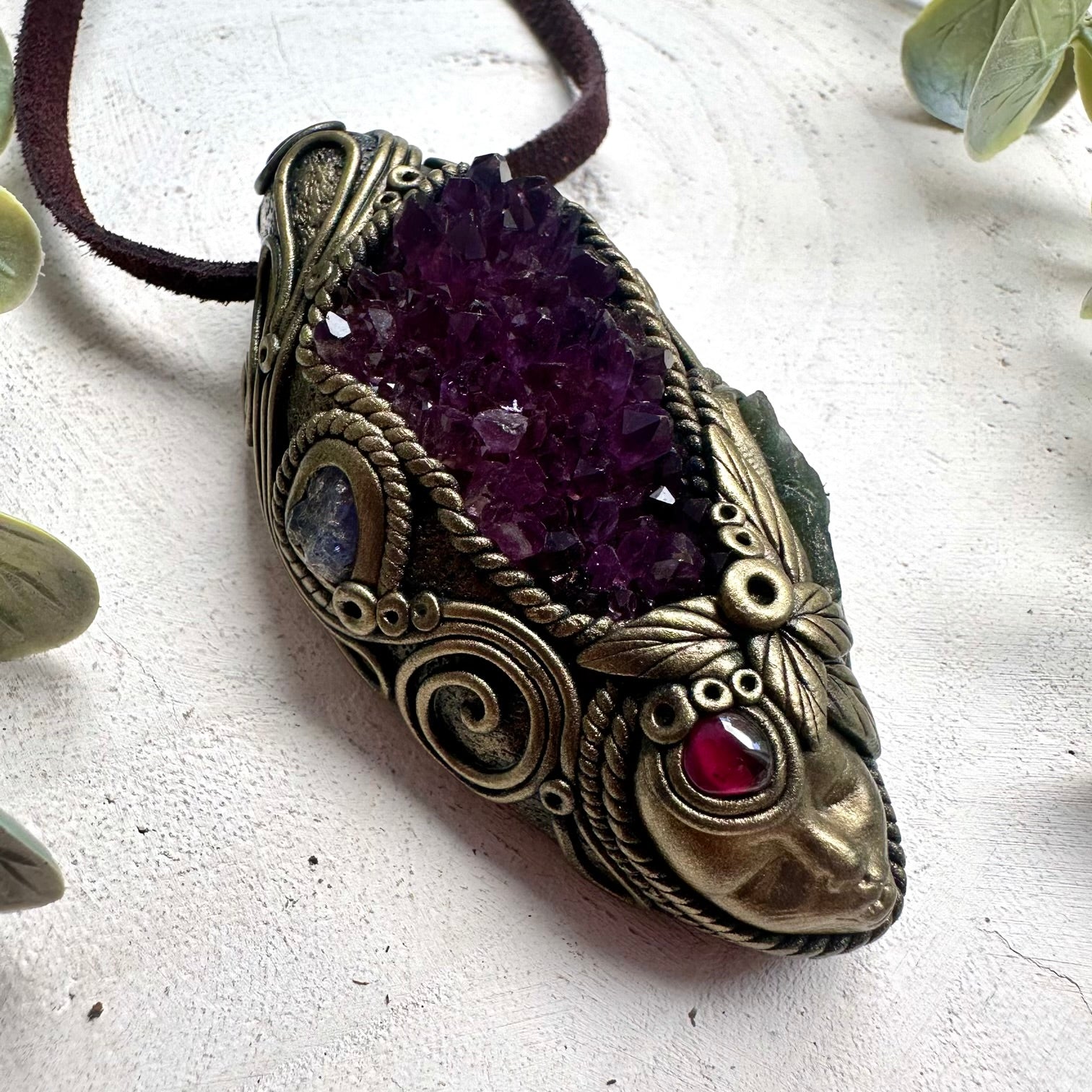 Amethyst Cluster Goddess Necklace with Moldavite, Tanzanite & Garnet – Spiritual Healing Crystal Jewelry