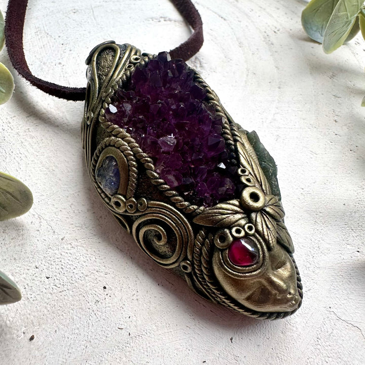Amethyst Cluster Goddess Necklace with Moldavite, Tanzanite & Garnet – Spiritual Healing Crystal Jewelry