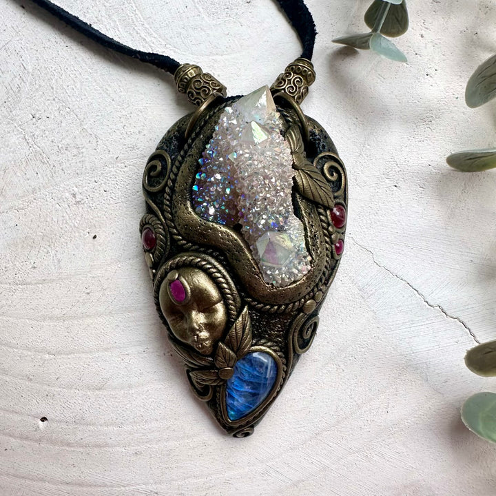 Angel Aura Spirit Quartz Goddess Necklace with Moonstone, Ruby & Garnet
