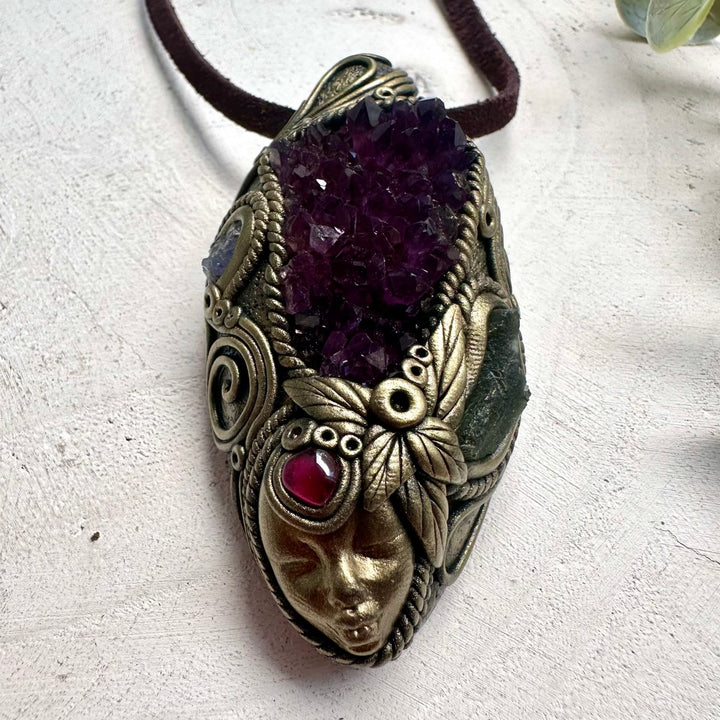Divine Feminine Necklace with Amethyst Cluster and Moldavite – Transformation Crystal Jewelry