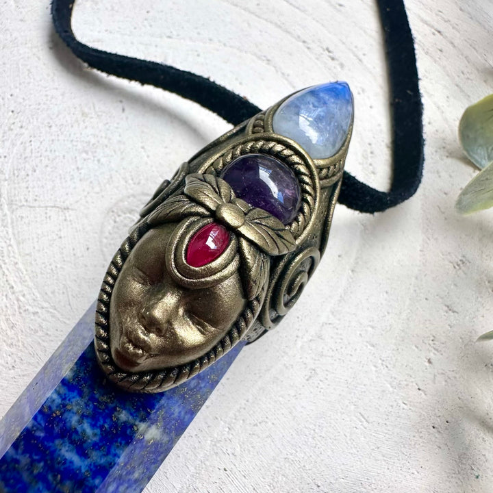 Divine Feminine Necklace with Lapis Lazuli and Moonstone – Intuition & Wisdom Crystal Wand