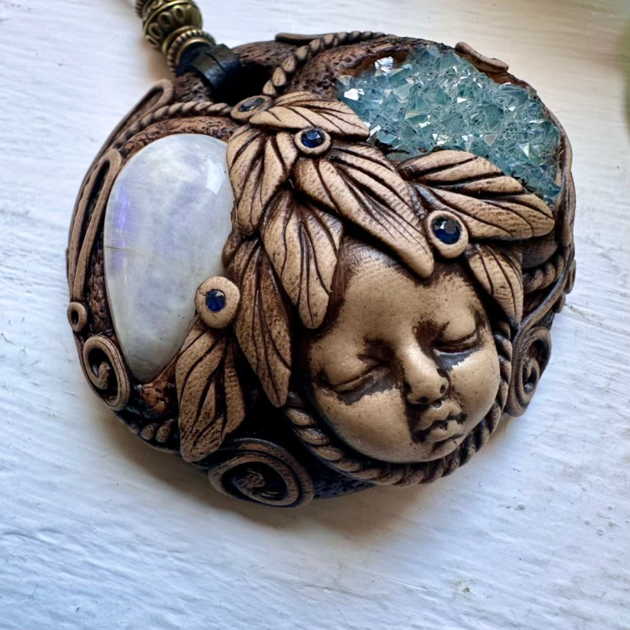 Handmade Goddess Crystal Necklace with Aqua Aura Quartz Moonstone and Blue Sapphire - FairyGardenGlow