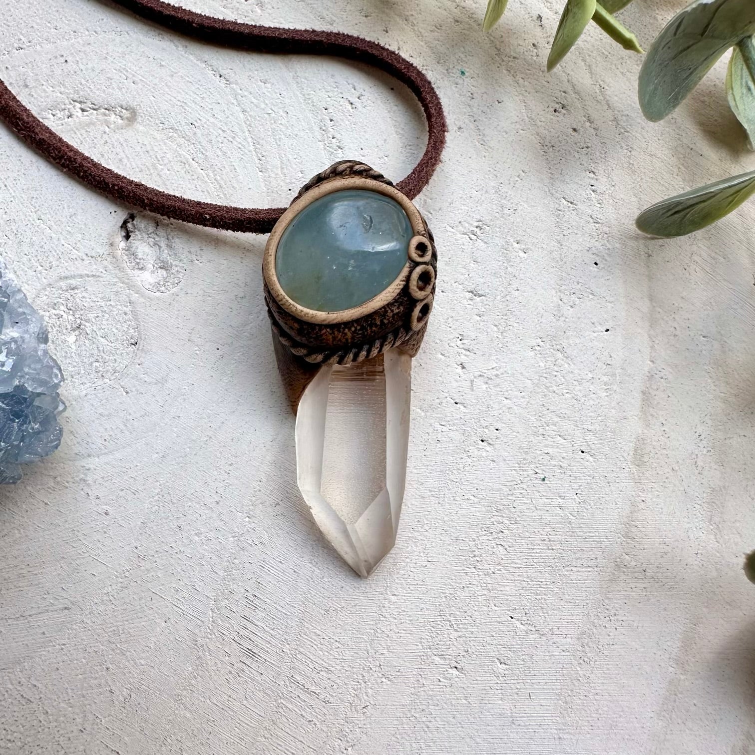 Lemurian Seed Quartz and Celestite Necklace, Healing Crystal Pendant