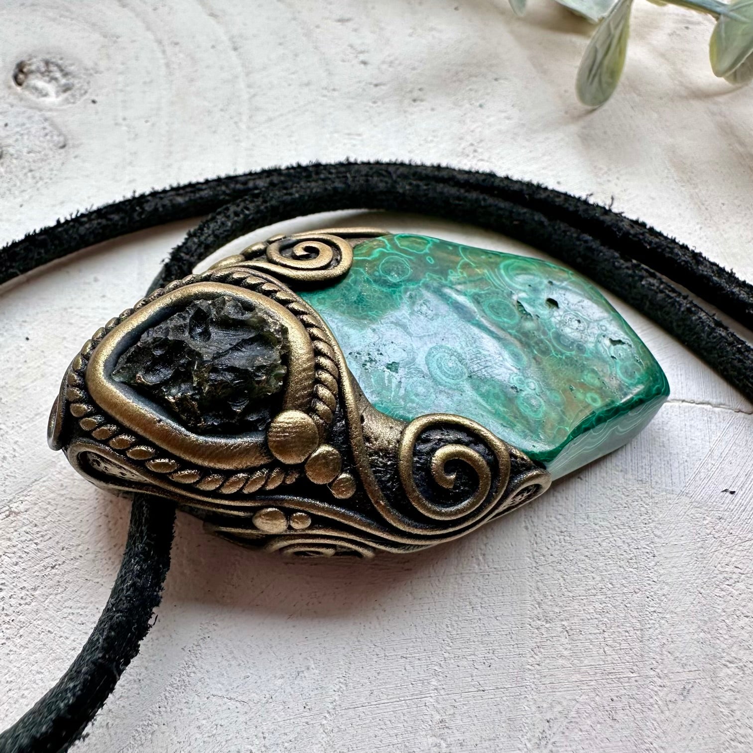 One of a kind moldavite and malachite gemstone necklace