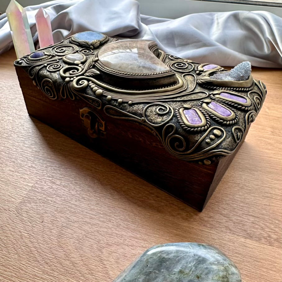 Handmade Wooden Box with Crystals – Moonstone Moon, Blue Chalcedony, Rose Quartz, Tanzanite, Charoite & Aqua Aura Spirit Quartz - FairyGardenGlow