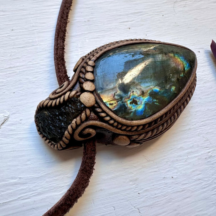 Labradorite and Moldavite Pendant Necklace, Handmade One of a Kind Jewelry - FairyGardenGlow