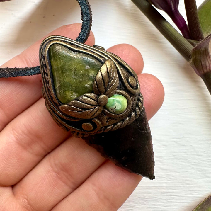 Black Obsidian Arrowhead Vesuvianite and Tibetan Turquoise Pendant - FairyGardenGlow