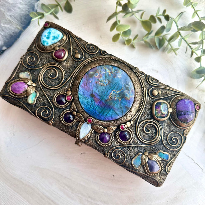 Unique celestial crystal decor box with charoite and larimar