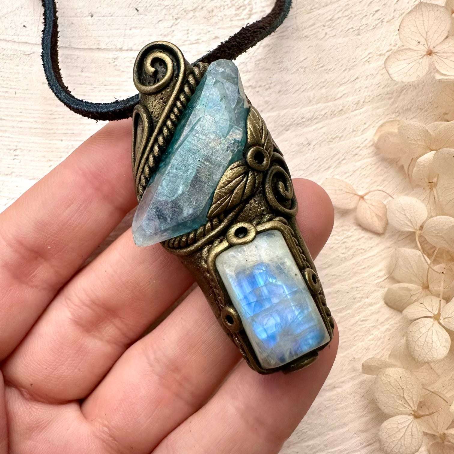 Aqua Aura Quartz and Moonstone Necklace - FairyGardenGlow