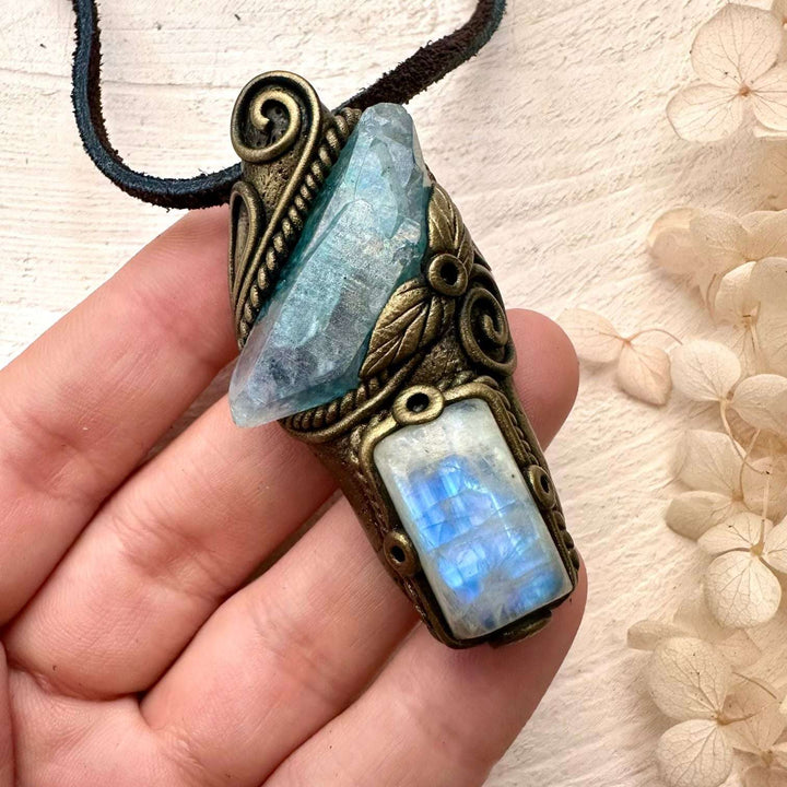 Aqua Aura Quartz and Moonstone Necklace - FairyGardenGlow