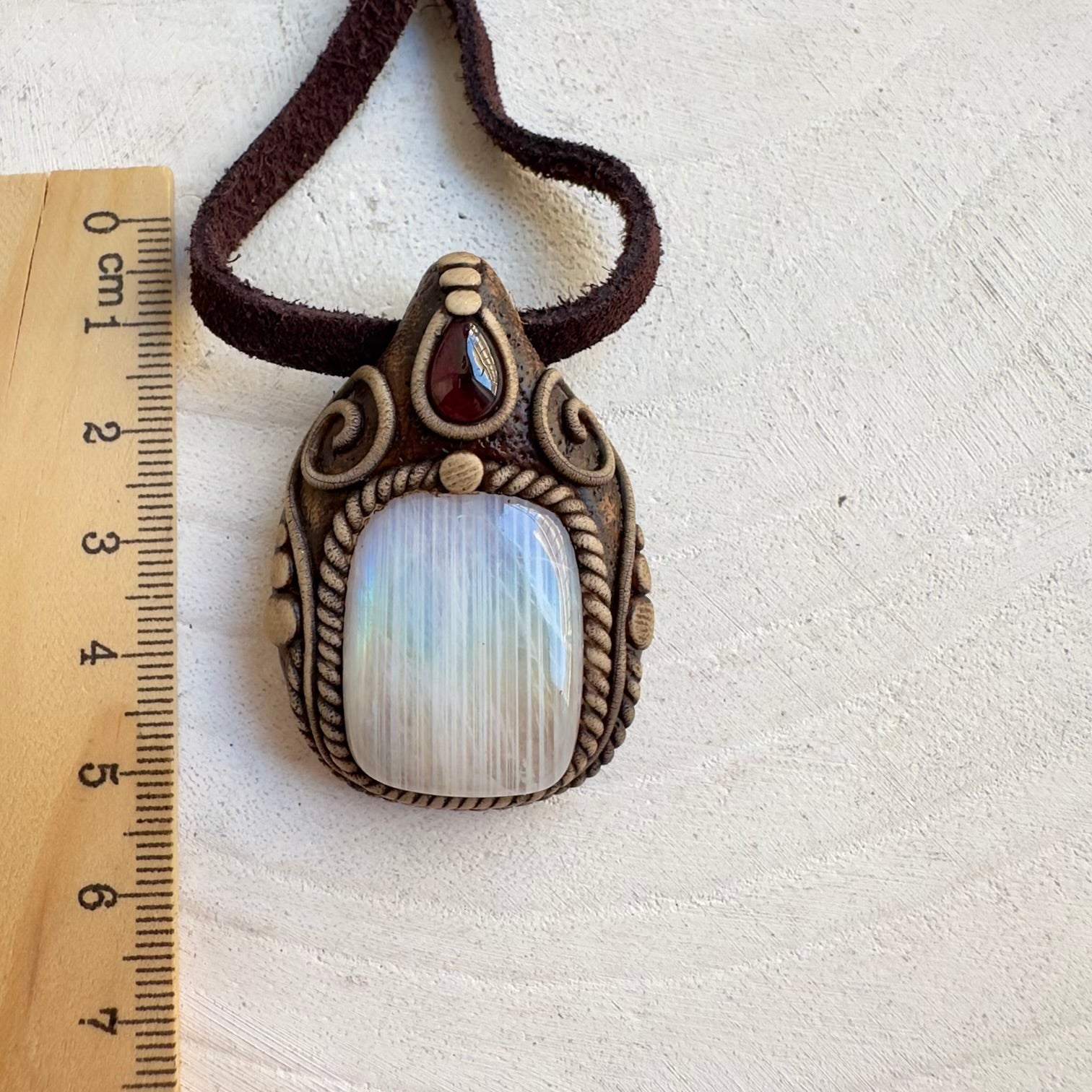 Handmade boho gemstone necklace with natural crystals garnet and moonstone
