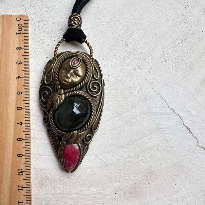 Energy pendant goddess necklace with ruby and obsidian