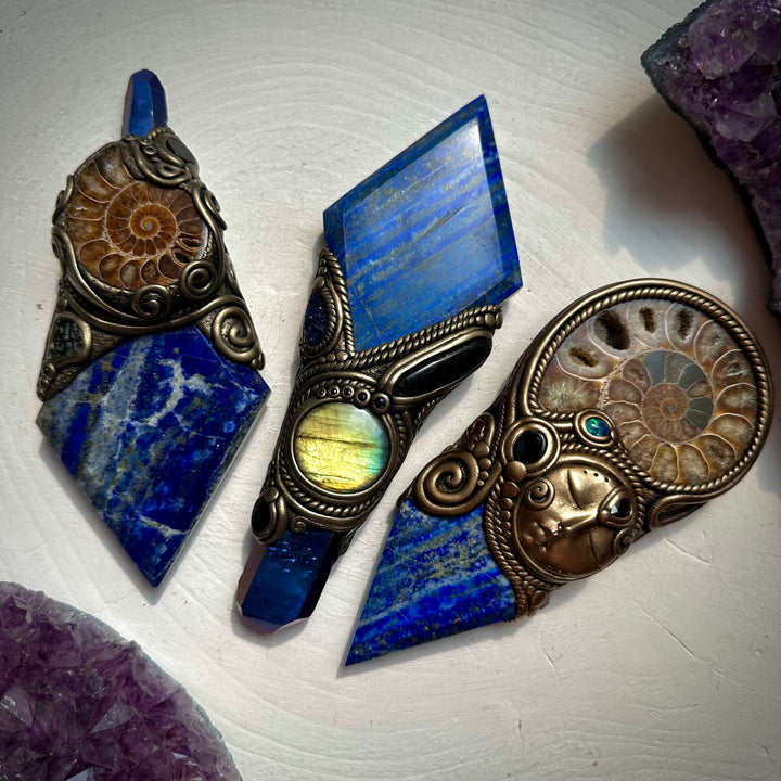 Lapis Lazuli Ammonite Cobalt Aura Quartz Moldavite and Black Onyx Wand / Meditation Focus - FairyGardenGlow