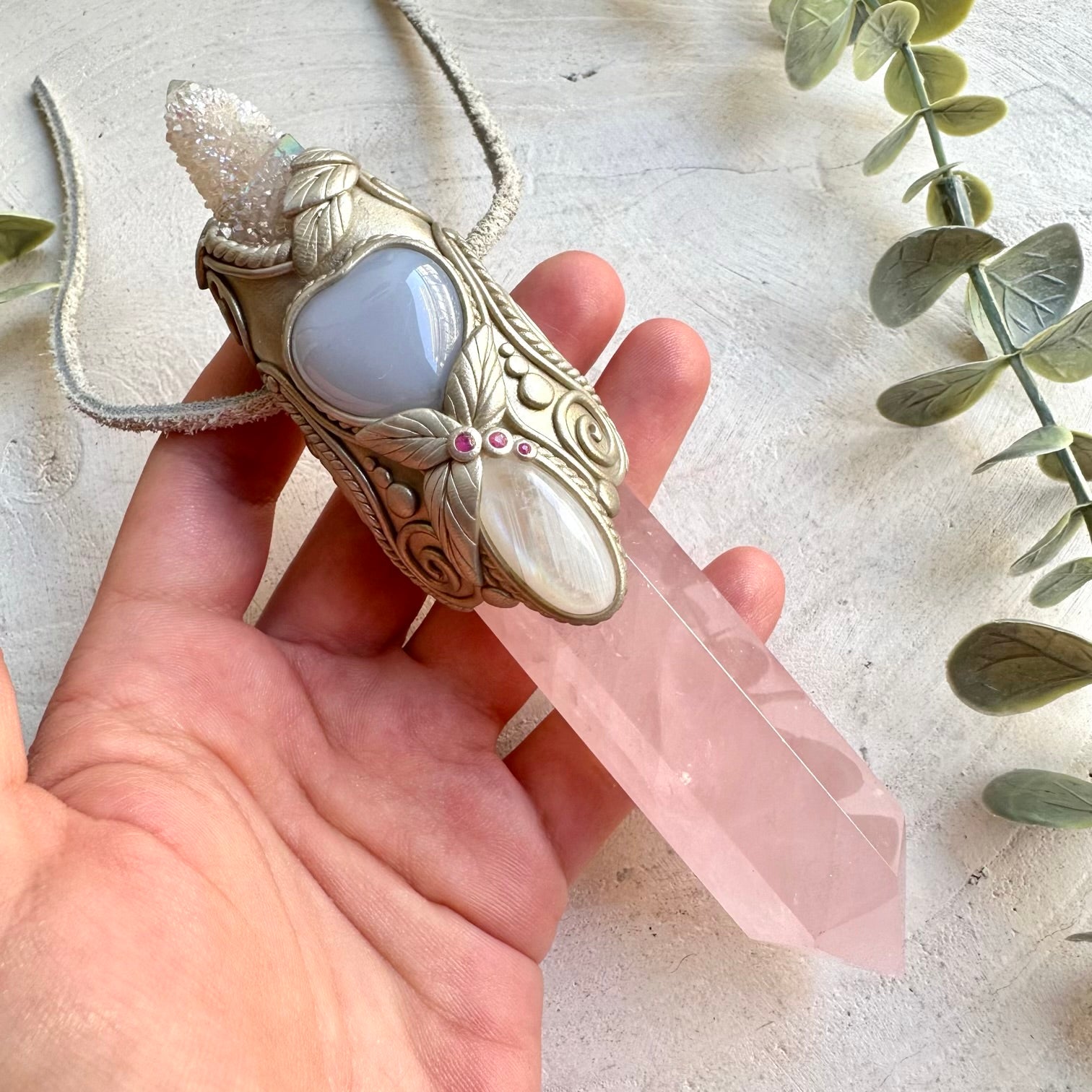 Handmade Rose Quartz healing crystal wand and pendant necklace featuring Angel Aura Spirit Quartz, Moonstone, Blue Chalcedony Heart and Ruby.