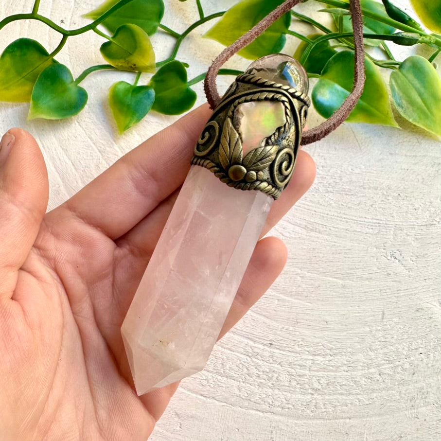 Healing Crystal Wand / Pendant with Rose Quartz, Smoky Quartz Sphere and Raw Welo Opal